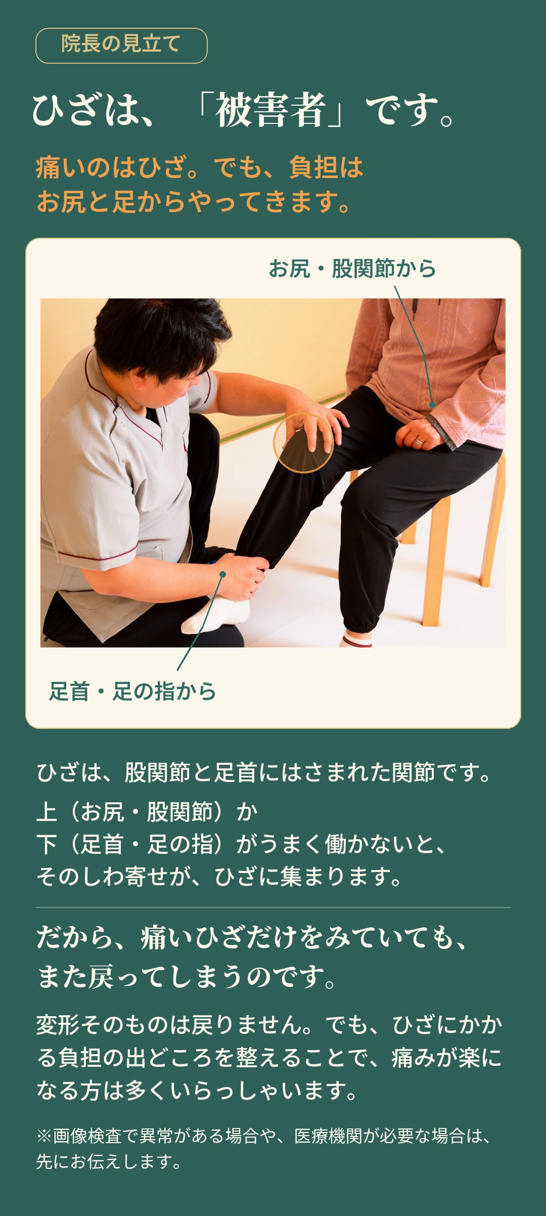 院長の見立て ひざは、「被害者」です。 痛いのはひざ。でも、負担は お尻と足からやってきます。 お尻・股関節から 足首・足の指から ひざは、股関節と足首にはさまれた関節です。 上（お尻・股関節）か 下（足首・足の指）がうまく働かないと、 そのしわ寄せが、ひざに集まります。 だから、痛いひざだけをみていても、 また戻ってしまうのです。 変形そのものは戻りません。でも、ひざにかか る負担の出どころを整えることで、痛みが楽に なる方は多くいらっしゃいます。 ※画像検査で異常がある場合や、医療機関が必要な場合は、 先にお伝えします。
