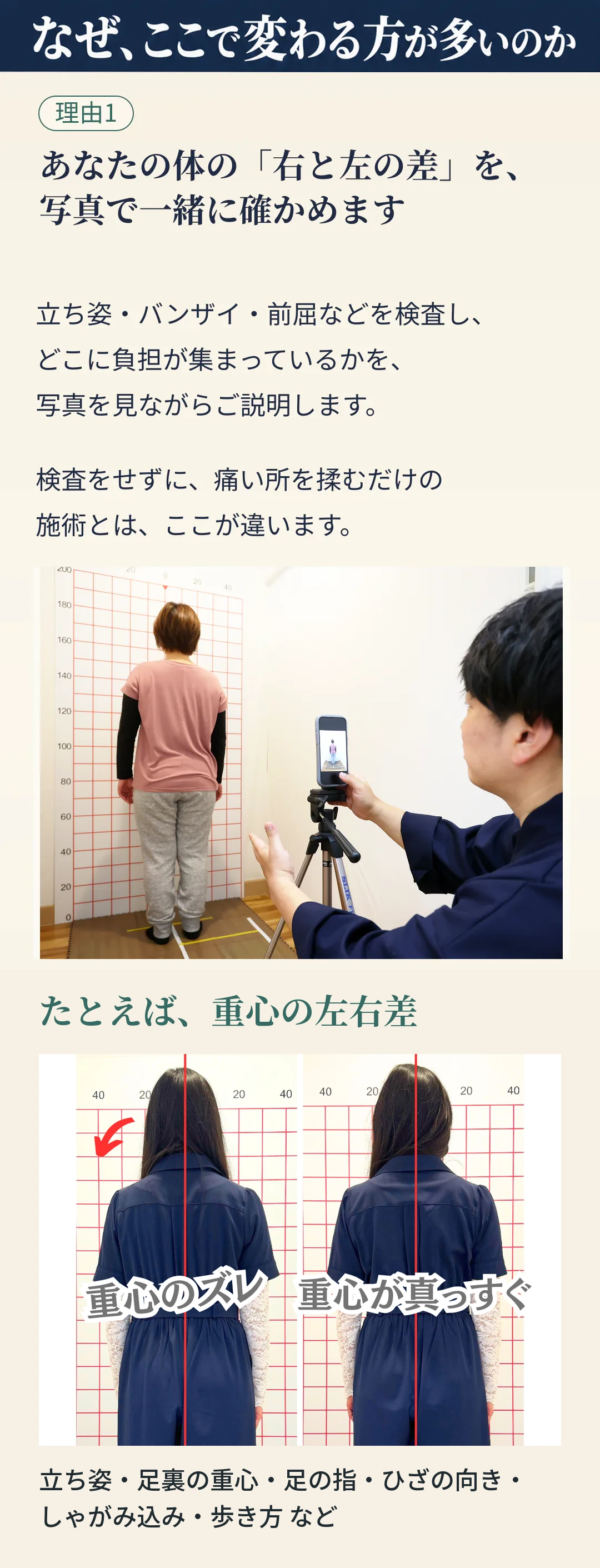 なぜ、ここで変わる方が多いのか。理由1 あなたの体の「右と左の差」を、写真で一緒に確かめます。立ち姿・バンザイ・前屈などを検査し、どこに負担が集まっているかを、写真を見ながらご説明します。検査をせずに、痛い所を揉むだけの施術とは、ここが違います。 たとえば、重心の左右差 重心のズレ 重心が真っすぐ 立ち姿・足裏の重心・足の指・ひざの向き・ しゃがみ込み・歩き方 など